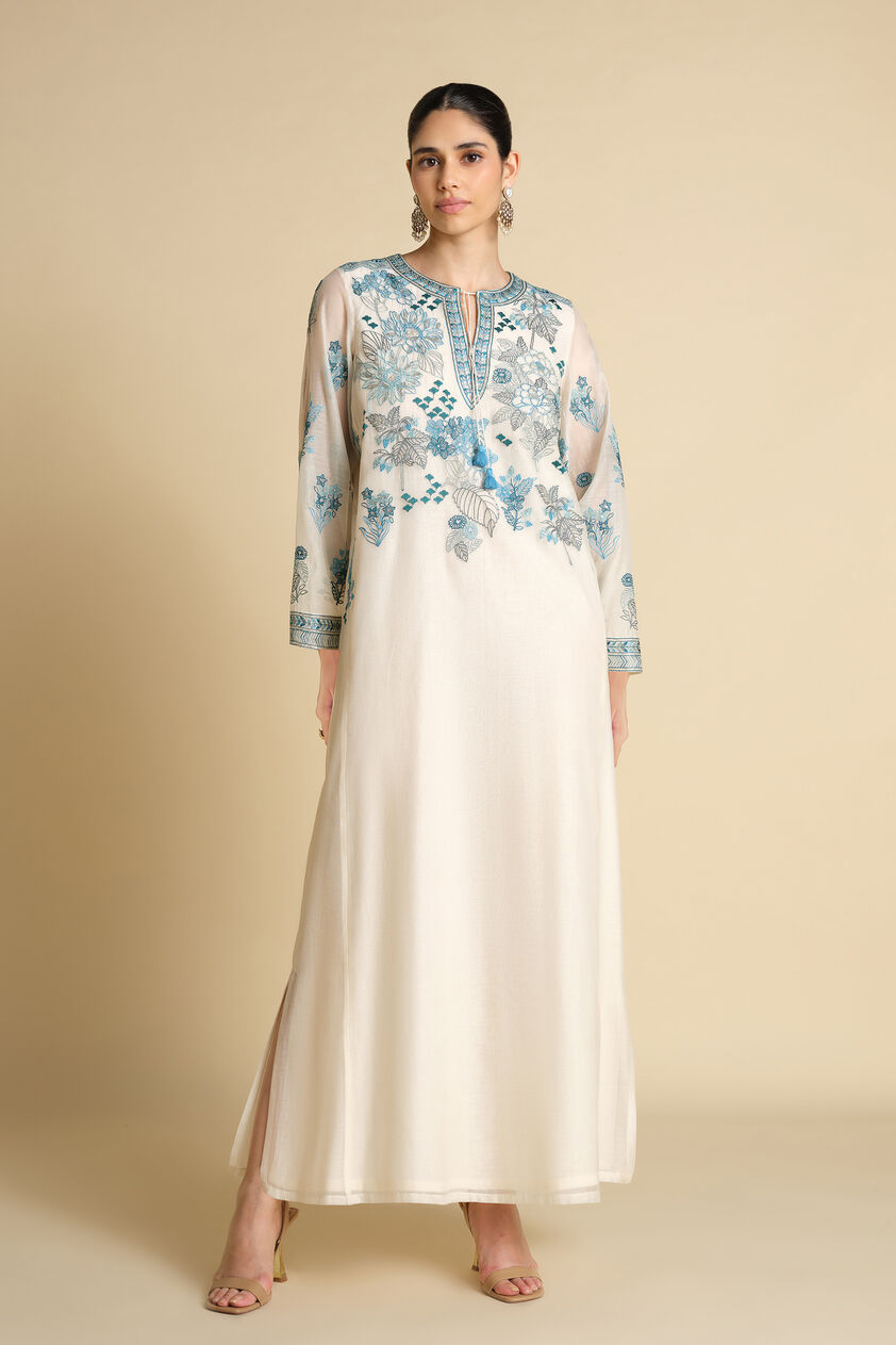Akshiti Embroidered Mul Kaftan - Ivory, Ivory, image 1